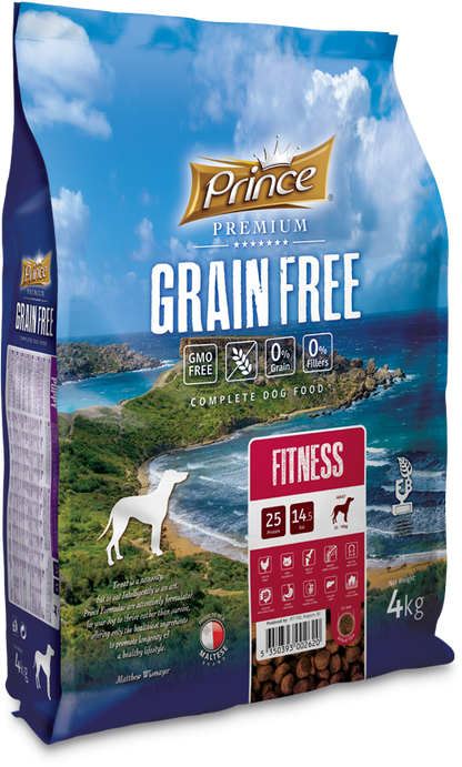 Беззърнена фитнес храна с пилешко и сьомга за кучета – Prince Fitness 500 гр