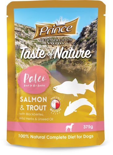 Пауч за кучета със сьомга и пъстърва PALEO Salmon & Trout 375g