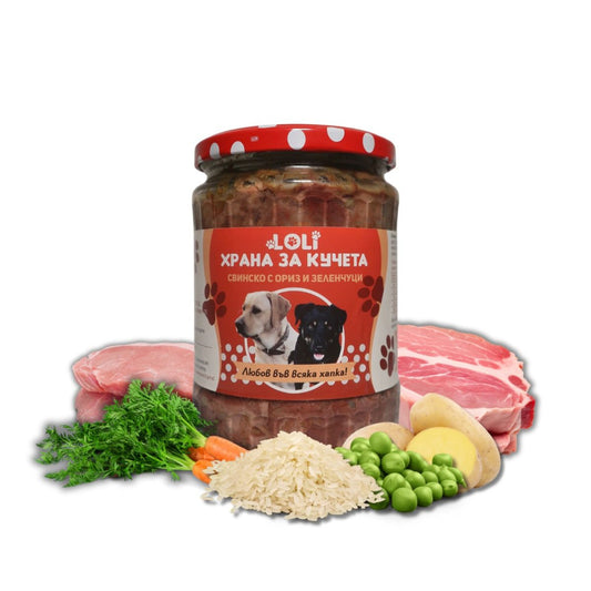 Домашна храна за кучета със свинско, ориз и зеленчуци – LOLI 500 г