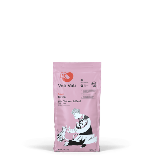 Суха храна за котки с пилешко, говеждо и дроб Voli Voli Love For All 2.4kg